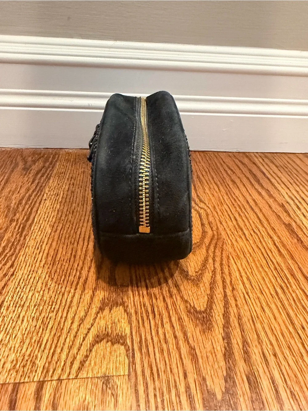 Tory Burch Black Suede Crystal-Stud Cosmetic Case with Gold Logo Charm